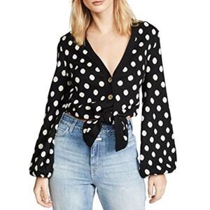 LeRumi polka dot balloon sleeve tie front cardigan‎